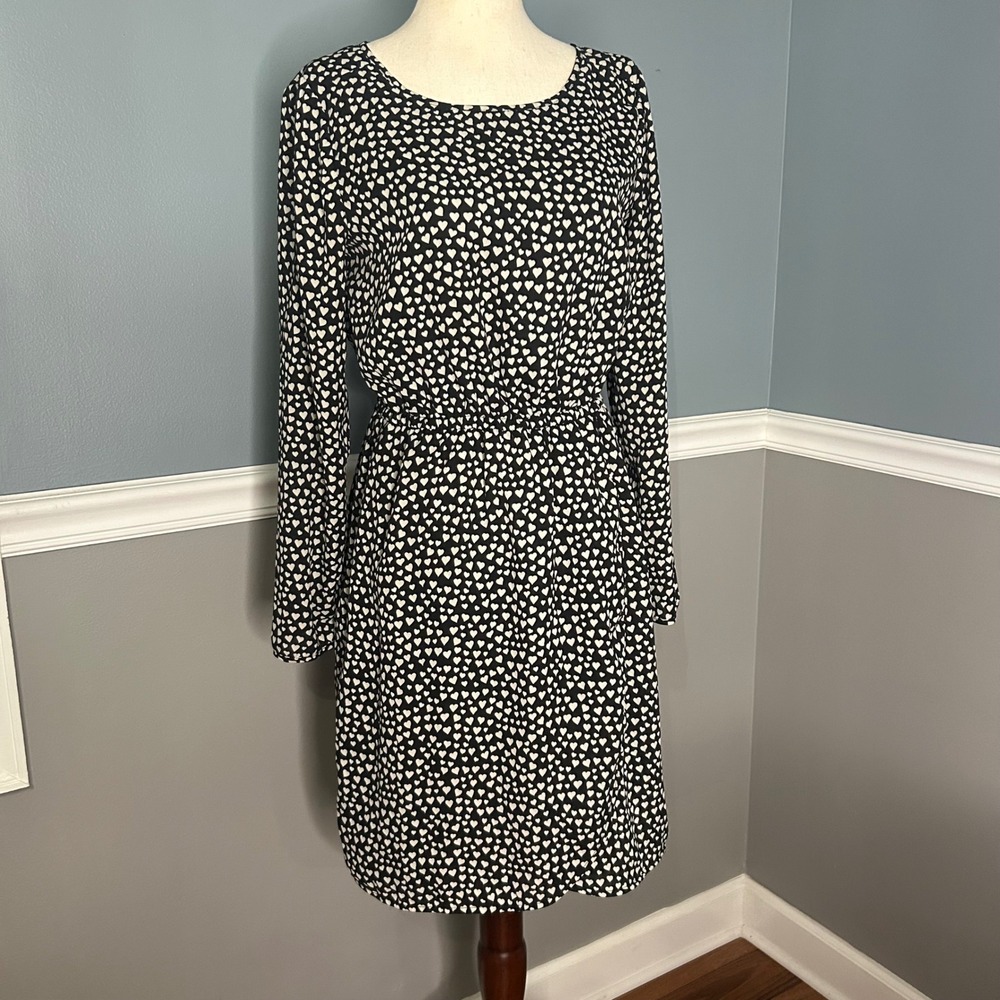 J. Crew Mercantile Heart‎ Print Dress Long Sleeve Casual tulip hem Black White